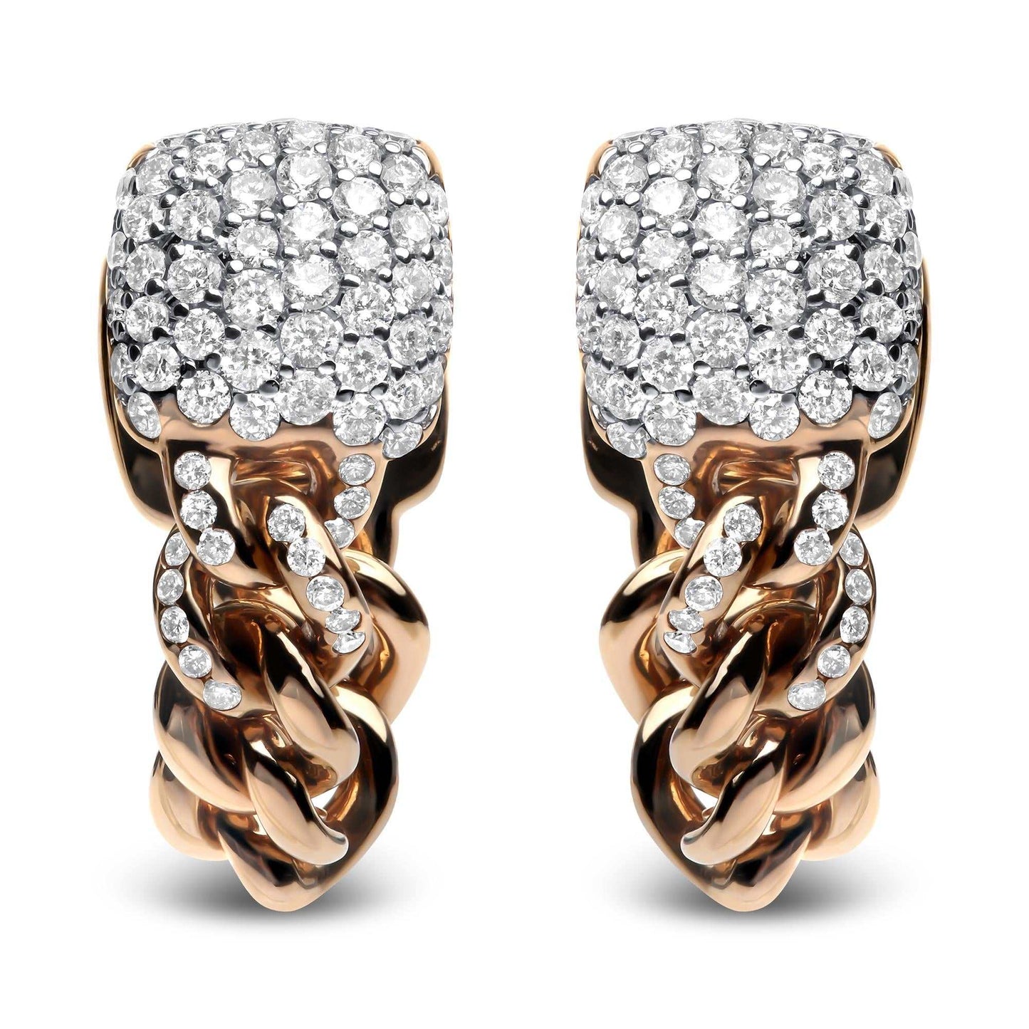 18K Rose Gold 3/4 Cttw Round Diamond Pave Cuban Chain Huggie Earrings
