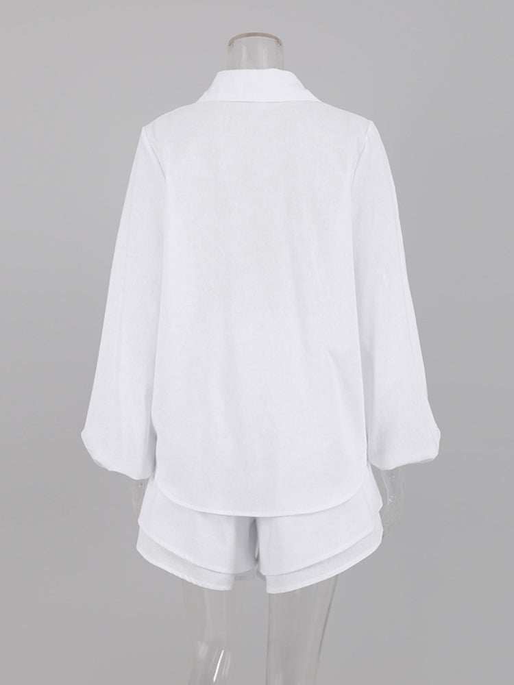 Cotton Linen Women's Long Sleeved Shirt Top Ruffle Shorts: 2 Piece
