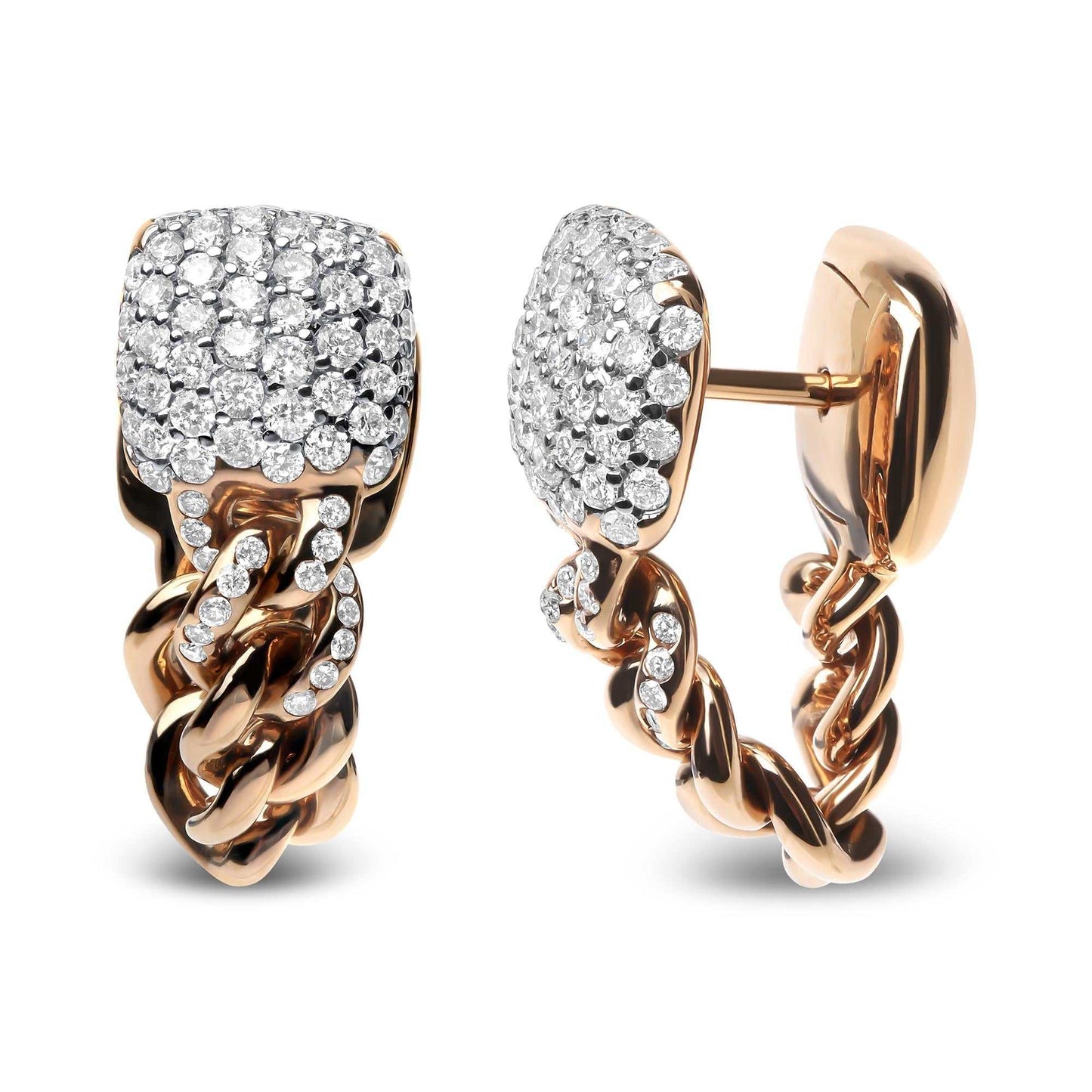 18K Rose Gold 3/4 Cttw Round Diamond Pave Cuban Chain Huggie Earrings
