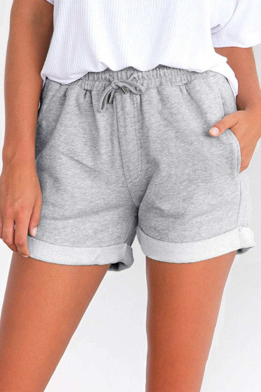 Summer Women Gray Tie Waist Side Pockets Cuffed Lounge Shorts