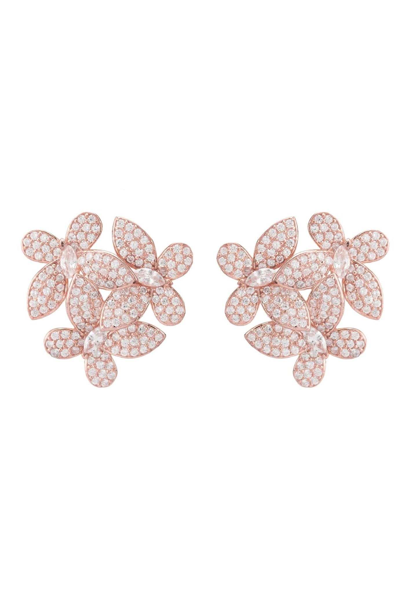 Rose gold flower large stud earrings with sparkling cubic zirconia petals and centers, 2cm size