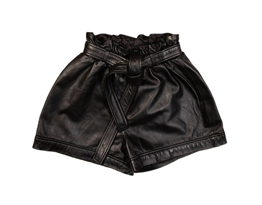 Fadcloset Women's Fashion Paperbag-Waist Black Leather Mini Shorts