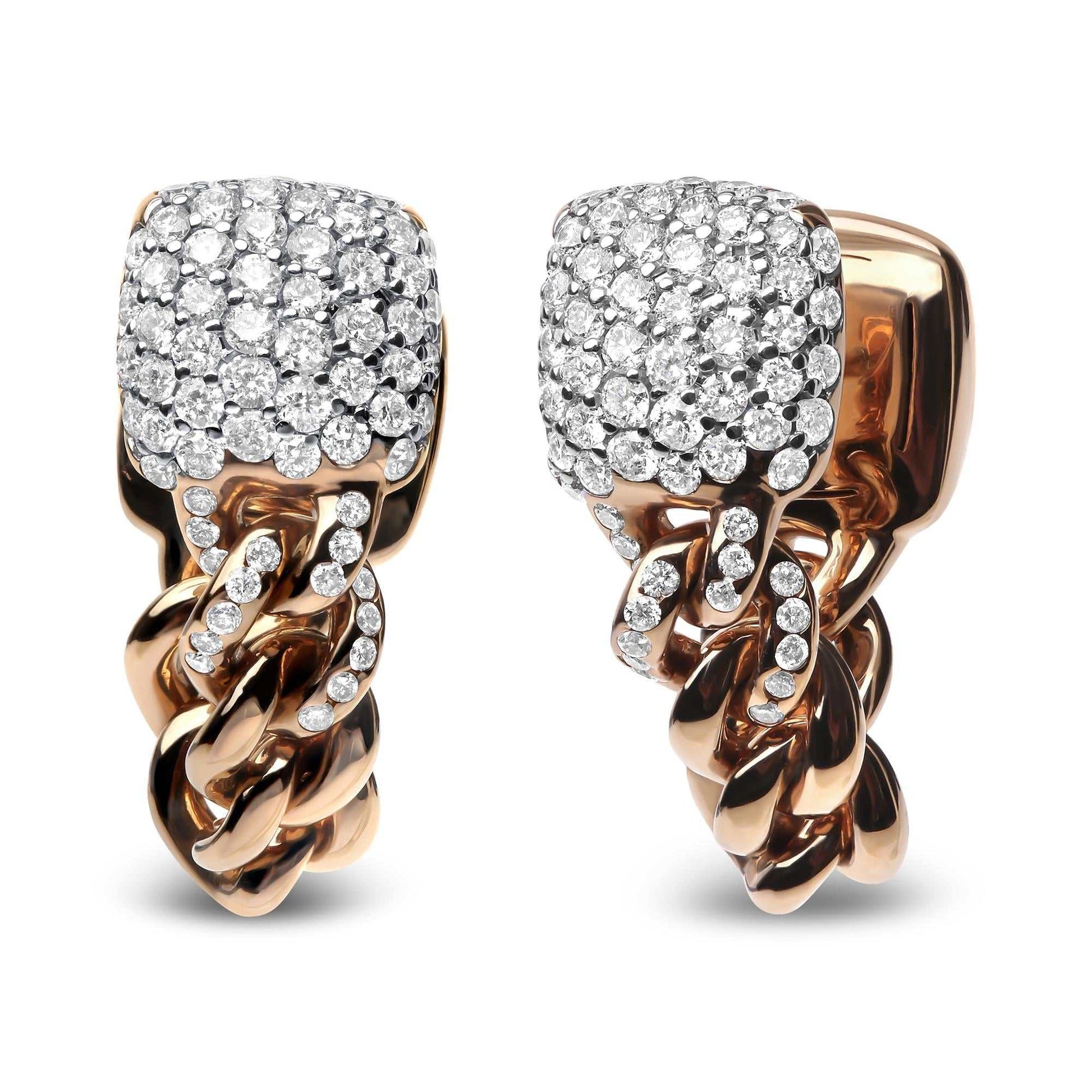 18K Rose Gold Diamond Pave Cuban Chain Huggie Earrings with 128 Diamonds