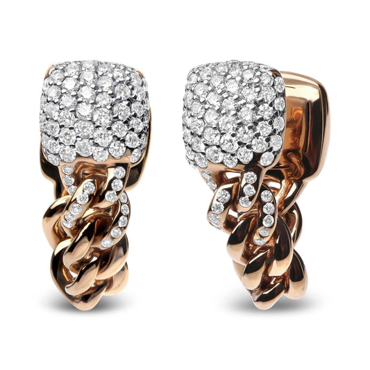 18K Rose Gold Diamond Pave Cuban Chain Huggie Earrings with 128 Diamonds