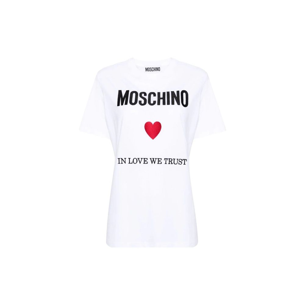 Moschino Weißes Baumwoll-T-Shirt mit gesticktem Herzlogo der Stadt Marbella