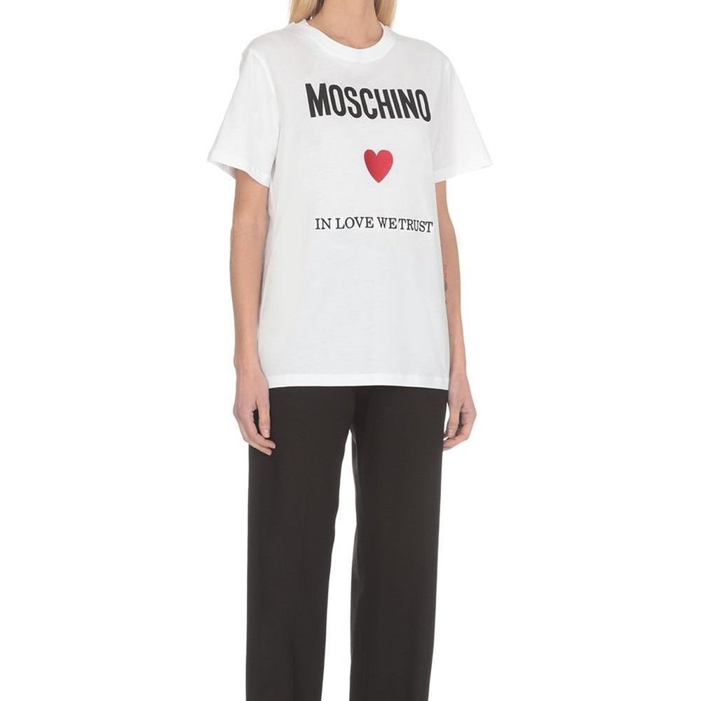 Moschino Weißes Baumwoll-T-Shirt mit gesticktem Herzlogo der Stadt Marbella
