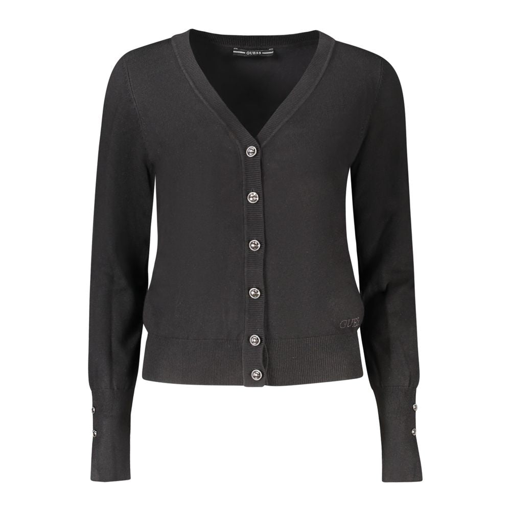 Guess Jeans black V-neck cardigan with rhinestones and logo in viscose blend