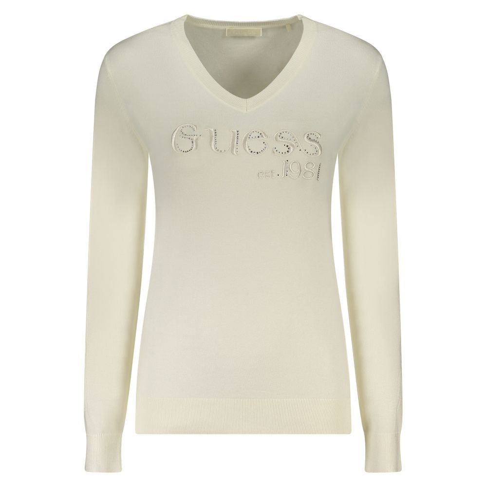 Guess Jeans Bianco long-sleeved women's t-shirt with V-neck and rhinestone embroidery