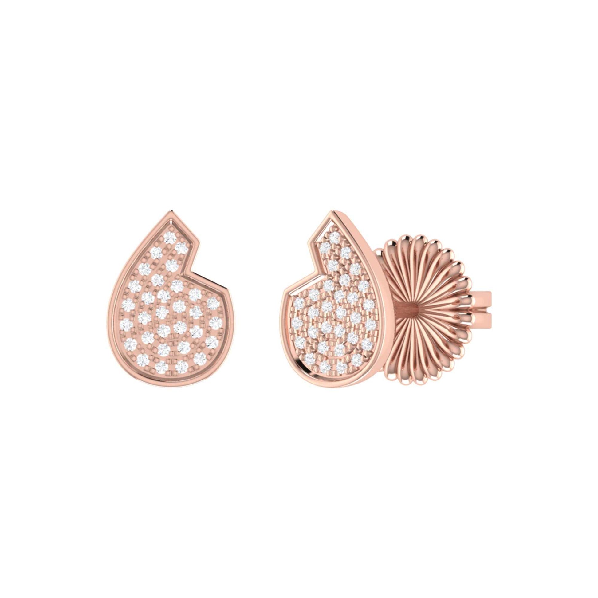 Teardrop diamond stud earrings in 14K rose gold with micro pave setting.