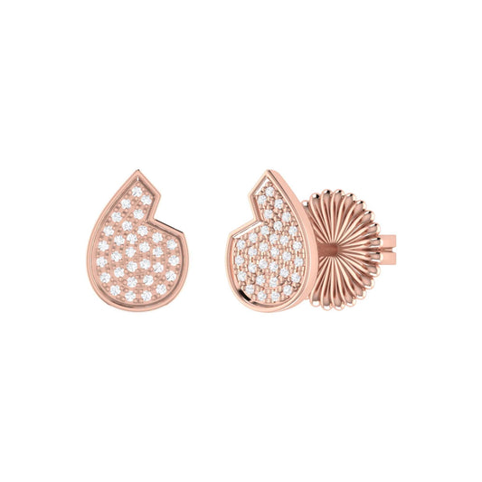 Teardrop diamond stud earrings in 14K rose gold with micro pave setting.