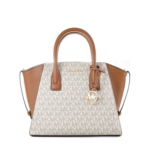 Designer handbag with brown leather accents and logo on a white background