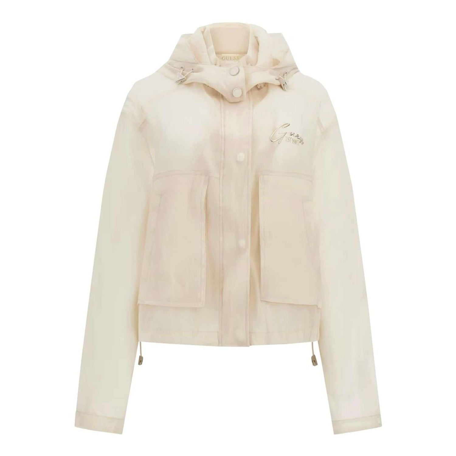 Guess creamy female jacket with long sleeves, button and zipper closure, polyester material, and visible logo