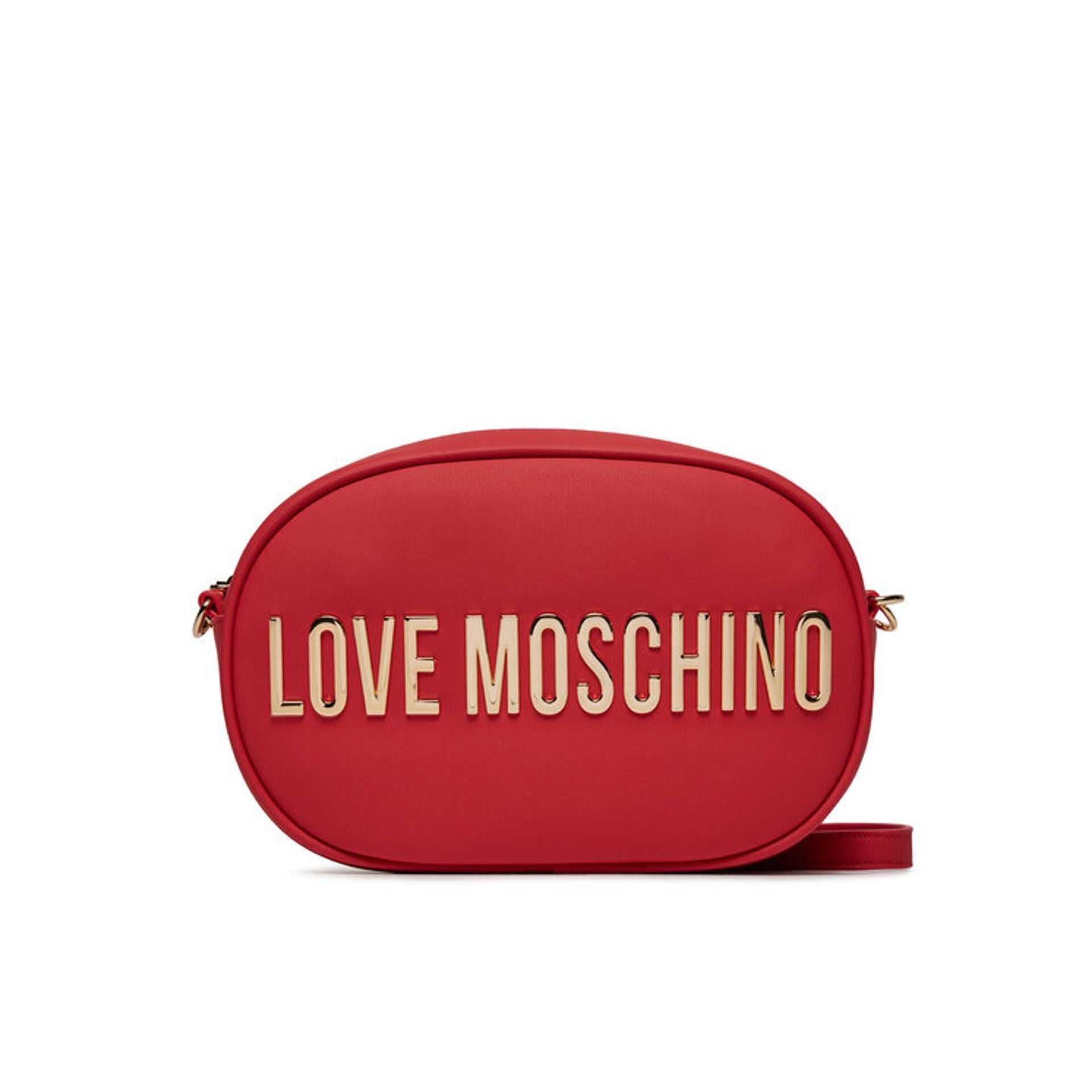 Love Moschino red synthetic leather crossbody handbag with visible logo and adjustable strap