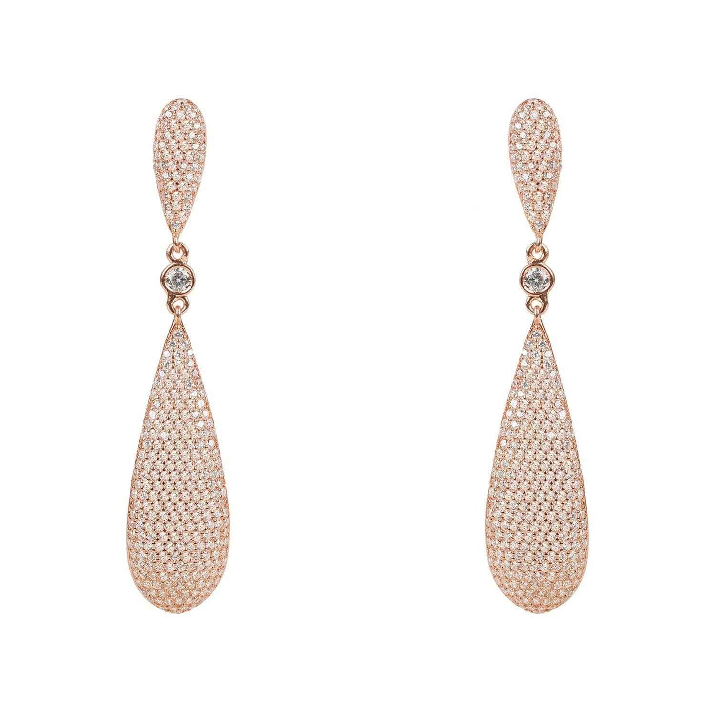 Long Drop Rosegold Earrings with zirconia stones and 22ct rosegold plating on sterling silver.