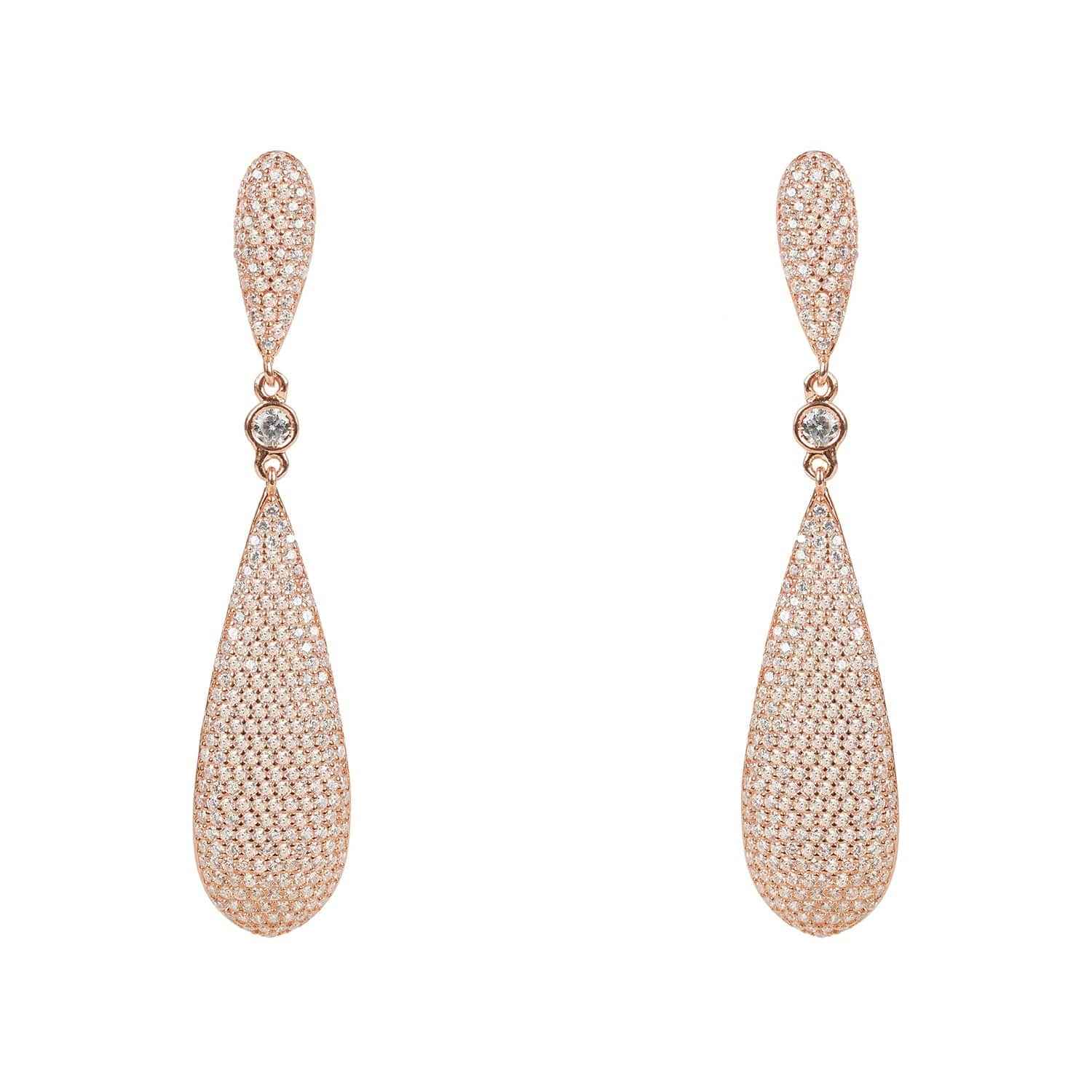 Long Drop Rosegold Earrings with zirconia stones and 22ct rosegold plating on sterling silver.
